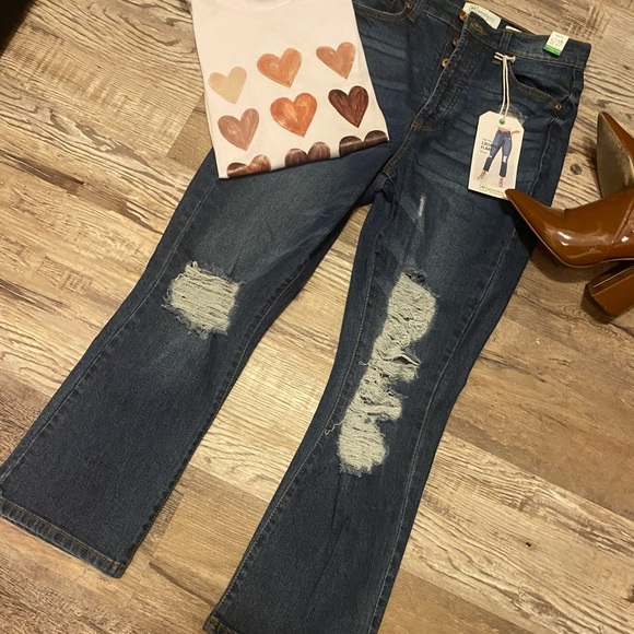 RE Generation High Rise Cropped Flare “Flower” Distressed Jeans, Dark Denim, - Picture 4 of 16